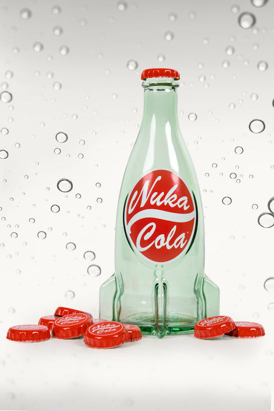 Fallout Nuka Cola Glass Bottle + 10 Bottle Caps Rocket Replica Figure