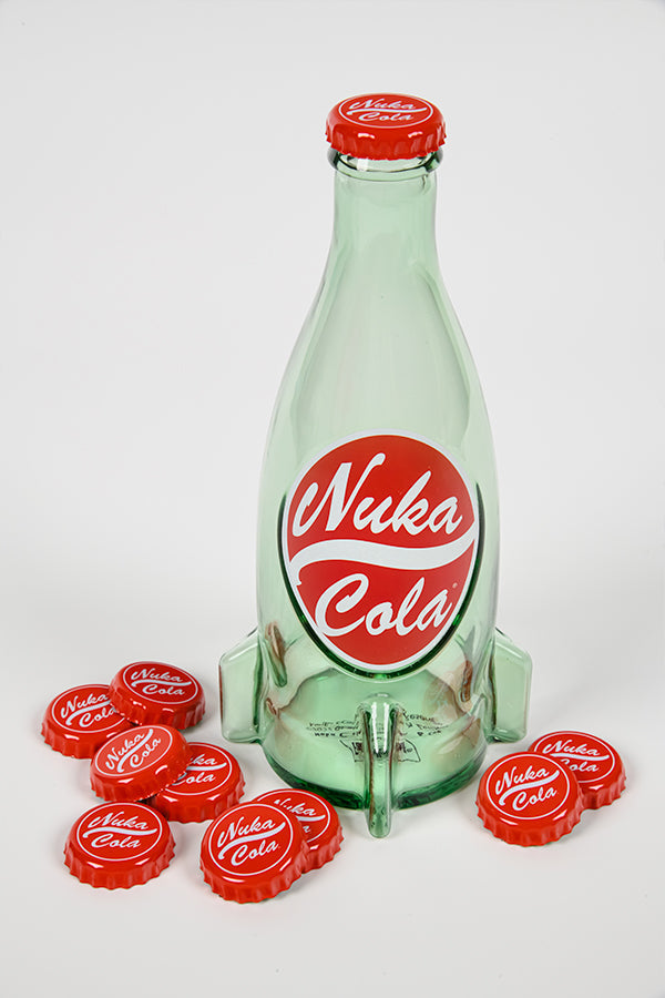 Fallout Nuka Cola Glass Bottle + 10 Bottle Caps Rocket Replica Figure