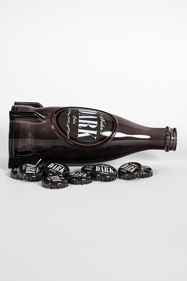 Fallout Nuka Cola Dark Glass Bottle + 10 Bottle Caps Tin Rocket Statue Figure