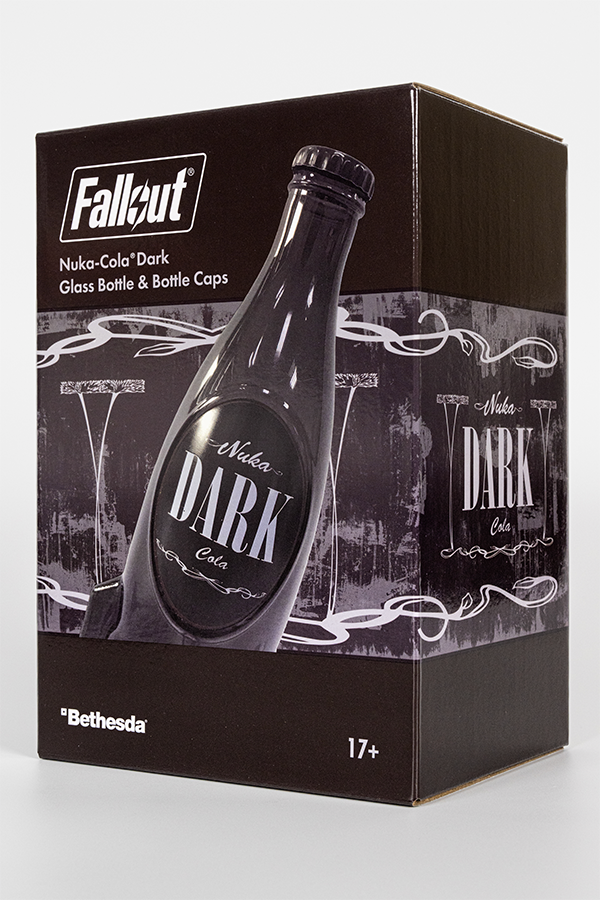 Fallout Nuka Cola Dark Glass Bottle + 10 Bottle Caps Tin Rocket Statue Figure